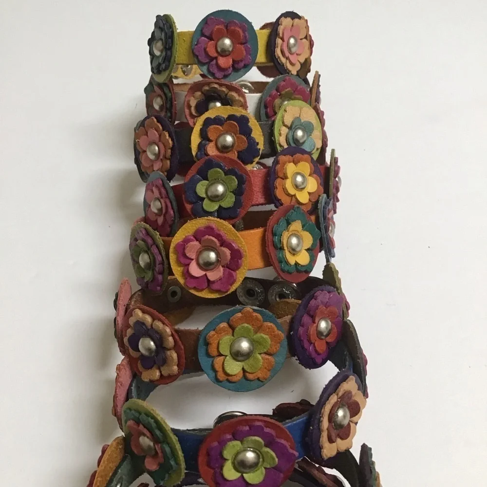 Daisy Flower Leather Bracelet Handmade Mexico Boho Colorful 2-Snap Festival NEW